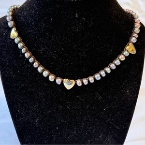 An Old Soul-Elegant Pearl Necklace with gold Heart Accents